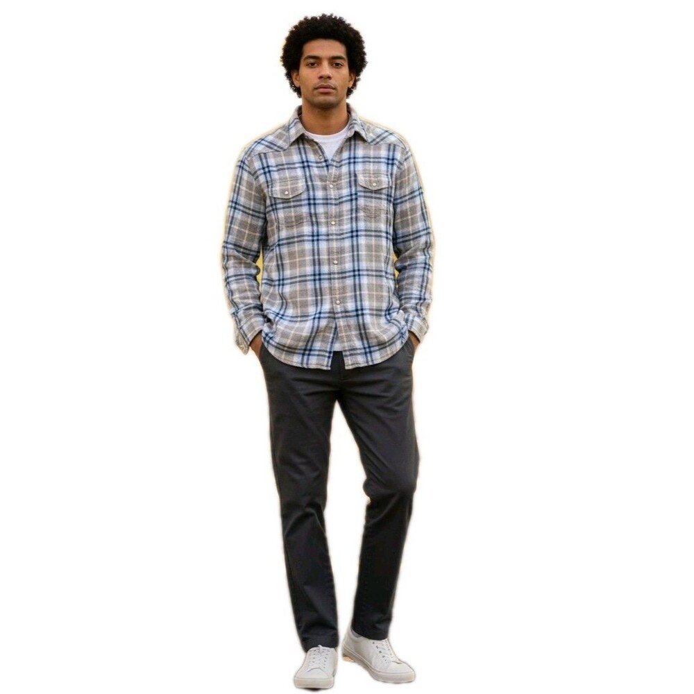 Lucky Brand Men’s XL Pearl Snap Plaid Western Shirt Blue Lined Long Sleeve